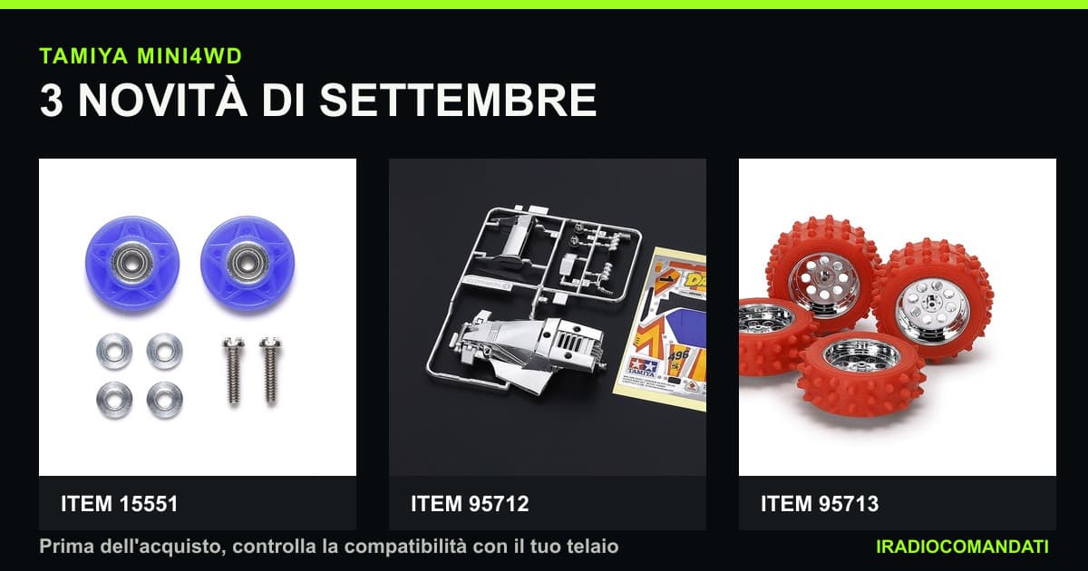 Mini4WD Tamiya di settembre: roller blu, Emperor cromata e gomme spike rosse